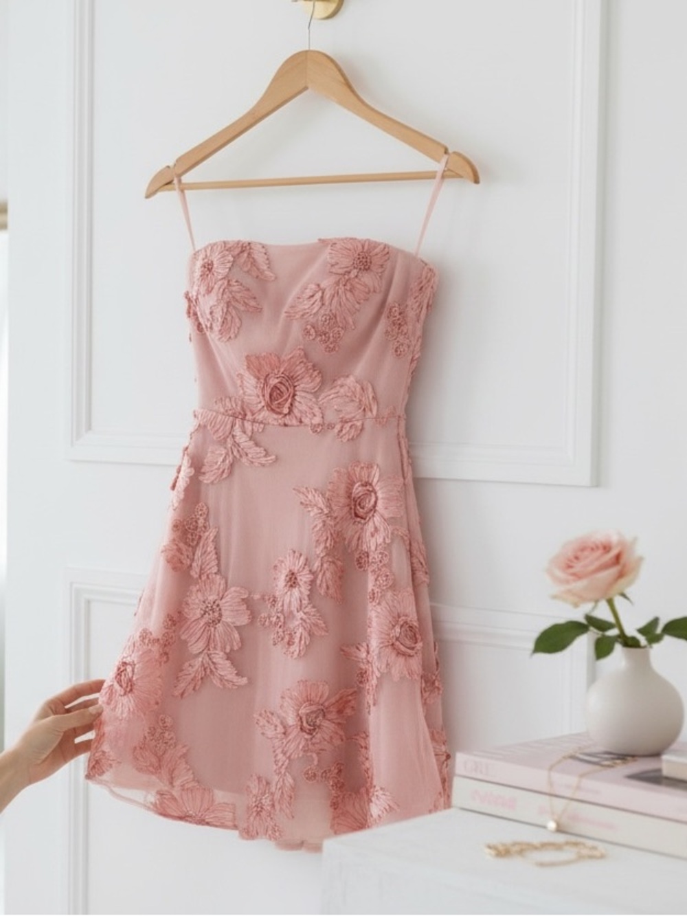 Blush Pink 3D Floral Strapless Mini Dress | A-Line Mesh Tube Party Dress